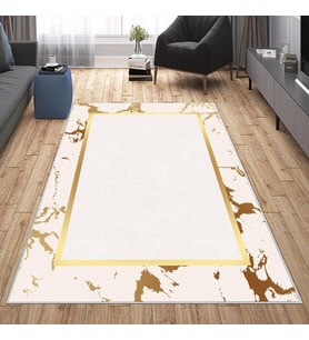Krem Gold Detay Yıkanabilir Kaymaz Taban Leke Tutmaz Modern Salon Halısı ve Yolluk