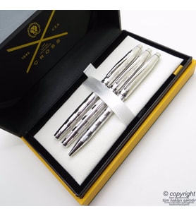 Cross 3'lü Kalem Seti - Art Deco Platinum Dolma Kalem + Roller Kalem + Tükenmez Kalem Set  Cross Kalem  İsme Özel Kalem