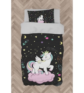 MEKTA HOME BEBEK VE ÇOCUK ODASI Pembe Bulut Üzerinde Unicorn Desenli Siyah Nevresim Takımı