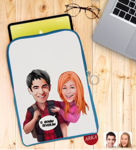 BK Gift Kişiye Özel Sevgililer Karikatürlü Taşınabilir Koruyucu Tablet Kılıfı & Organizer Çanta - Mavi-91