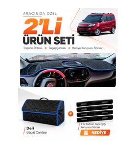 FIAT DOBLO (2015-2023) Uyumlu Torpido Örtüsü + Deri Bagaj Çantası + Sticker Seti - Siyah Mavi