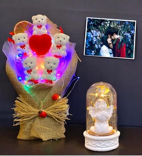 Size Özel Fotoğraflı Set  Renkli Işıklı Ayıcık Buketi & Işıklı Beyaz Melekli Fanus