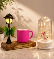 Kişiye Özel Yazılı Sokak Lambalı Pembe Türk Kahvesi Fincanı ve LED Işıklı Fanus (unicornlu)