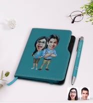 BK Gift Kişiye Özel Sevgililer Karikatürlü Turkuaz Termo Deri Defter Kalem Seti-101