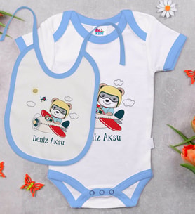 BK Kids Kişiye Özel Sevimli Pilot Tasarımlı Mavi Bebek Body Zıbın ve Mama Önlüğü Hediye Seti