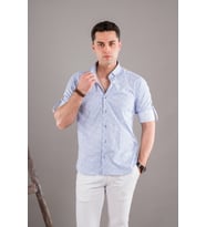 BİCAN DESENLİ YAKA DÜĞMELİ KATLAMALI KOL SLİMFİT ERKEK GÖMLEK (Mavi)