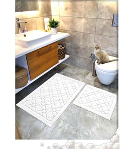 Pamuk Dokuma Su Emici Banyo Paspas Seti, Banyo Halısı Çiçek 2 Li Set 60x100-60x50 (BEYAZ)