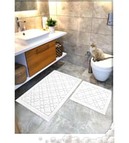 Pamuk Dokuma Su Emici Banyo Paspas Seti, Banyo Halısı Çiçek 2 Li Set 60x100-60x50 (BEYAZ)