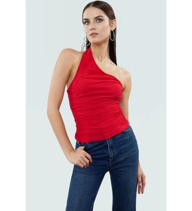 Asimetrik Yaka Kolsuz Fitted Örme Bluz Esnek Polyester Günlük Stil Kaliteli İşçilik Mükemmel Uyum (Kırmızı)