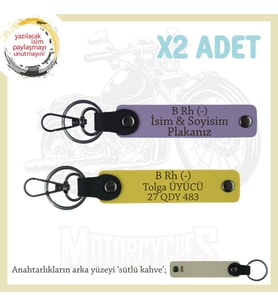 Hız Tutkunlarına Özel, İsim Plaka ve B Rh (-) Kan Grubu Yazılı Deri x2' li Anahtarlık, Mor-Sarı-SK (Çok Renkli)