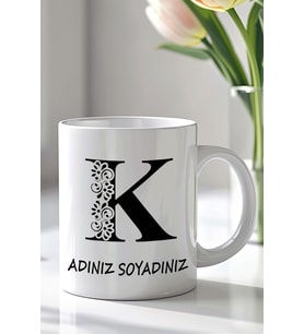Kişiselleştirilebilir K Harfi Tasarımlı 330ml Baskılı Beyaz Seramik Kupa Bardak (Siyah Beyaz Baskili)