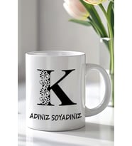 Kişiselleştirilebilir K Harfi Tasarımlı 330ml Baskılı Beyaz Seramik Kupa Bardak (Siyah Beyaz Baskili)