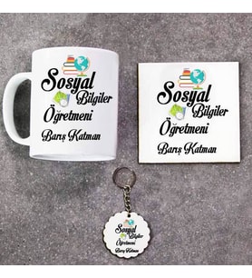 Sosyal Bilgiler Öğretmeni Kupa Bardak Altlık ve Anahtarlık Hediye Seti (Model 1)