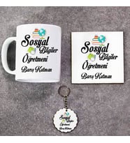 Sosyal Bilgiler Öğretmeni Kupa Bardak Altlık ve Anahtarlık Hediye Seti (Model 1)