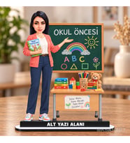Kişiye Özel Kadın Okul Öncesi Öğretmeni Karikatürlü 18 cm MDF Masaüstü Biblo - Öğretmen Hediyesi Öğretmenler Günü Hediyesi