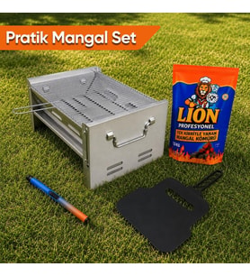 Pratik Mangal Set - Katlanabilir Mangal - Kömür - Çakmak - Yelpaze