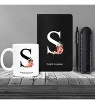 Kişiye Özel Anneler Günü Uv Baskılı Harfli Siyah Defter & Siyah Tükenmez Kalem ve Kupa