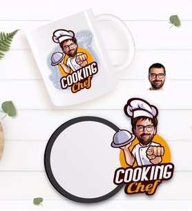BK Gift Kişiye Özel Erkek Chef Karikatürlü Beyaz Kupa ve Ahşap Bardak Altlığı Hediye Seti-15