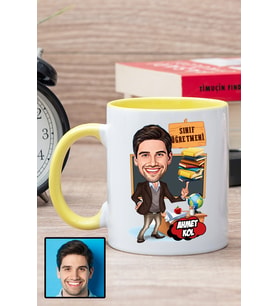 Erkek Sınıf Öğretmenine Hediye Karikatürlü Sarı Kupa Bardak