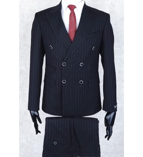 Jan Carlucci Slim Fit Geniş Sivri Yaka-Çift Yırtmaç Koyu Lacivert Çizgili Çift Cep Kruvaze Drop 6 Takım Elbise