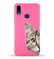 Samsung Galaxy A10s Uyumlu Lansman Kılıf Catface Tasarımlı İçi Kadife Kapak-Neon Pembe (Şeffaf)