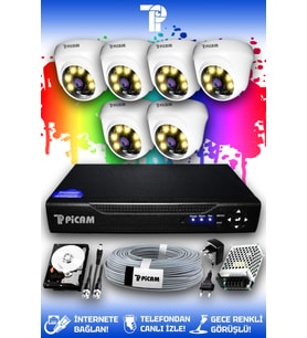 PICAM 6 Kameralı Dome 6 İç Kamera Set 2 TB HDD Full HD Renkli Gece Görüşlü Güvenlik Kamerası Sistemi