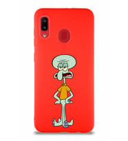 Samsung Galaxy A30 Soft Premier Kapak Squidward Dokunaç Tasarımlı Silikon Kılıf - Kırmızı (Şeffaf)
