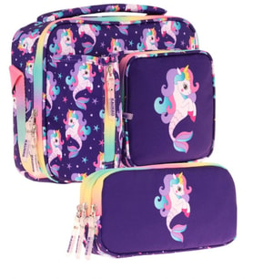 Kaukko Kids Kız Çocuk Mor Çok Renkli Unicorn ve Denizkızı Üç Bölmeli Thermo Beslenme Çantası ve Kalemlik Seti (L7228+L8228)