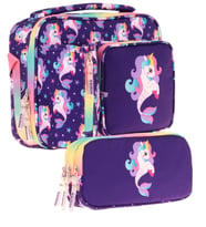 Kaukko Kids Kız Çocuk Mor Çok Renkli Unicorn ve Denizkızı Üç Bölmeli Thermo Beslenme Çantası ve Kalemlik Seti (L7228+L8228)