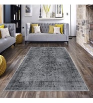 Gri Eskitme Desenli Yıkanabilir Kaymaz Taban Leke Tutmaz Modern Salon Halısı ve Yolluk (Küf Yeşili)