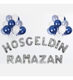  Ramazan Süsleri Hoşgeldin Ramazan Gümüş Folyo Balon ve 30 adet metalik balon-