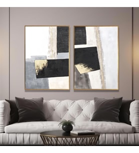 Yağlı Boya Dokulu Tablo Siyah Gri Gold Soyut İkili Set Altın Çerçeveli U08014