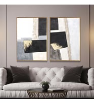 Yağlı Boya Dokulu Tablo Siyah Gri Gold Soyut İkili Set Altın Çerçeveli U08014