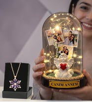 Anneler Günü Hediyesi Fotoğraflı Işıklı Melek Annem Fanus ve Gerçek Ametist Taşlı Lotus Kolye