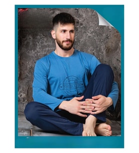 Sude Erkek Süprem Bisiklet Yaka İnce Uzun Kol Pijama Takımı A300/99 - 1 Adet (Mavi)