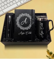 Kişiye Özel Çelik Bardak Termos & Defter & Kalem Hediye Seti (Siyah)