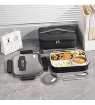Valkyrie 304 Paslanmaz Çelik Lunch Box 2400 ML Termal Taşıma Çantalı 5 Bölmeli Sızdırmaz Yemek Kabı Çatal Kaşık Dahil Siyah
