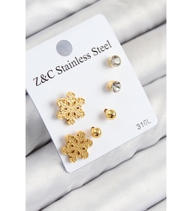 316L Çelik Zirkon Taşlı Kar Tanesi Model Gold Renk Kadın Set Küpe TJ-BKP11122