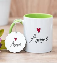 Kişiye Özel İsim Yazılı Minik Kalpli Yeşil Kupa Bardak ve Anahtarlık