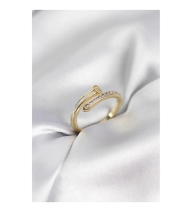 Mey İthalat® Zirkon Taşlı Gold Renk Yassı Çivi Model Kadın Yüzük