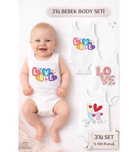 3’lü Bebek Body Seti %100 Pamuk  Love Baskılı Atlet Body  Yenidoğan & Bebek İç Giyim  0-24 Ay (Beyaz)