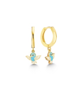 Gümüş Gold Mavi Renkli Sallantılı Kuş Kadın Küpe