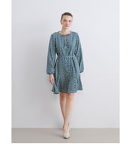 LCW Comfort Yeşil Bağlamalı Yaka Desenli A Kesim Mini Elbise