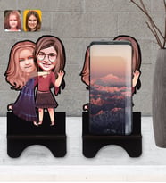 BK Gift Kişiye Özel Kız Kardeşler Karikatürlü Ahşap Biblo Telefon Standı-6