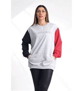 Kadın Gri Kolları Garnili Kanguru Cepli Sweatshirt