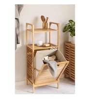 2 Organizer Raflı Ahşap Bambu Çek-Aç Kirli Sepeti