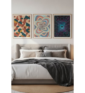 Geometrik ve Optik Sanat 3’lü Ahşap Çerçeveli Tablo Seti - Yatak Odası Dekoru