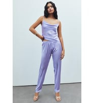 Brûleur Lila Degaje Yaka Askılı Uzun Saten Pijama Takımı
