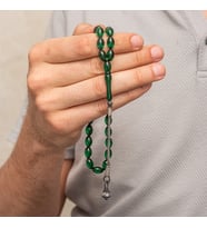 Gümüş Yeşil Kazaz Püsküllü Sıkma Kehribar Tesbih