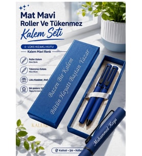 Mat Mavi Kişiye Özel Lüks Kutulu Roller ve Tükenmez Kalem Seti